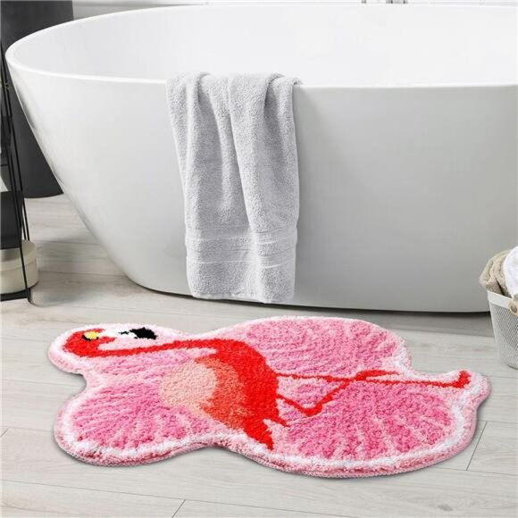 Pink Flamingo Palm Bath Mat Tropical Tufted Non Slip Bathroom Rug Soft Floor Dec - Picture 3 of 7